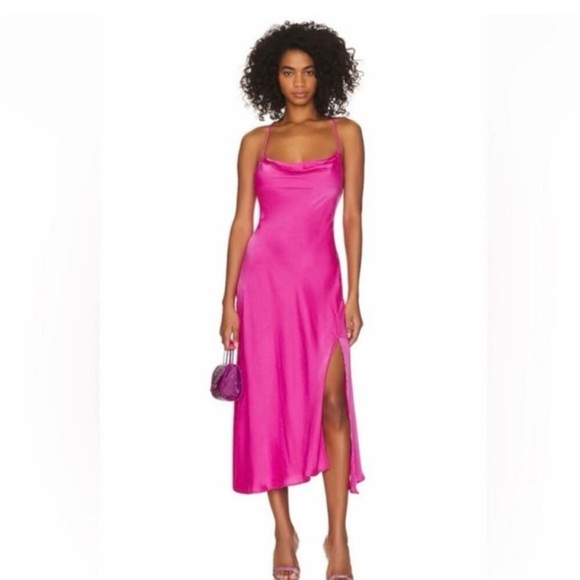 Astr Dresses & Skirts - ASTR The Label Gaia Satin Midi Dress Medium Fuschia Pink Cowl Neck Valentine Day